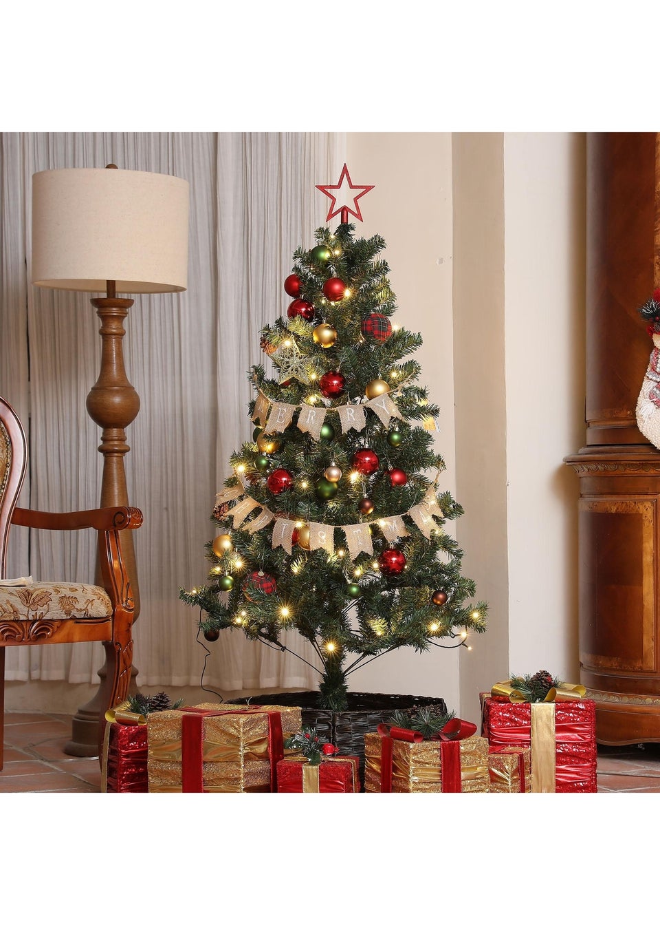 HOMCOM Red Artificial Christmas Tree with LED Lights and Red Decorations