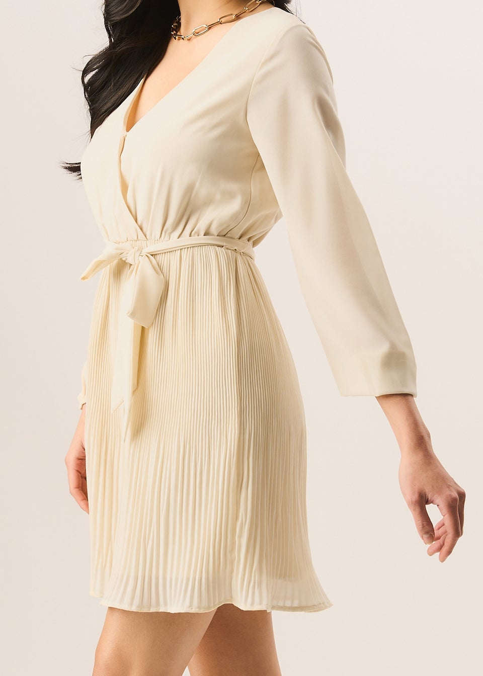 Gini London Cream Pleated Longsleeve Wrap Mini Dress