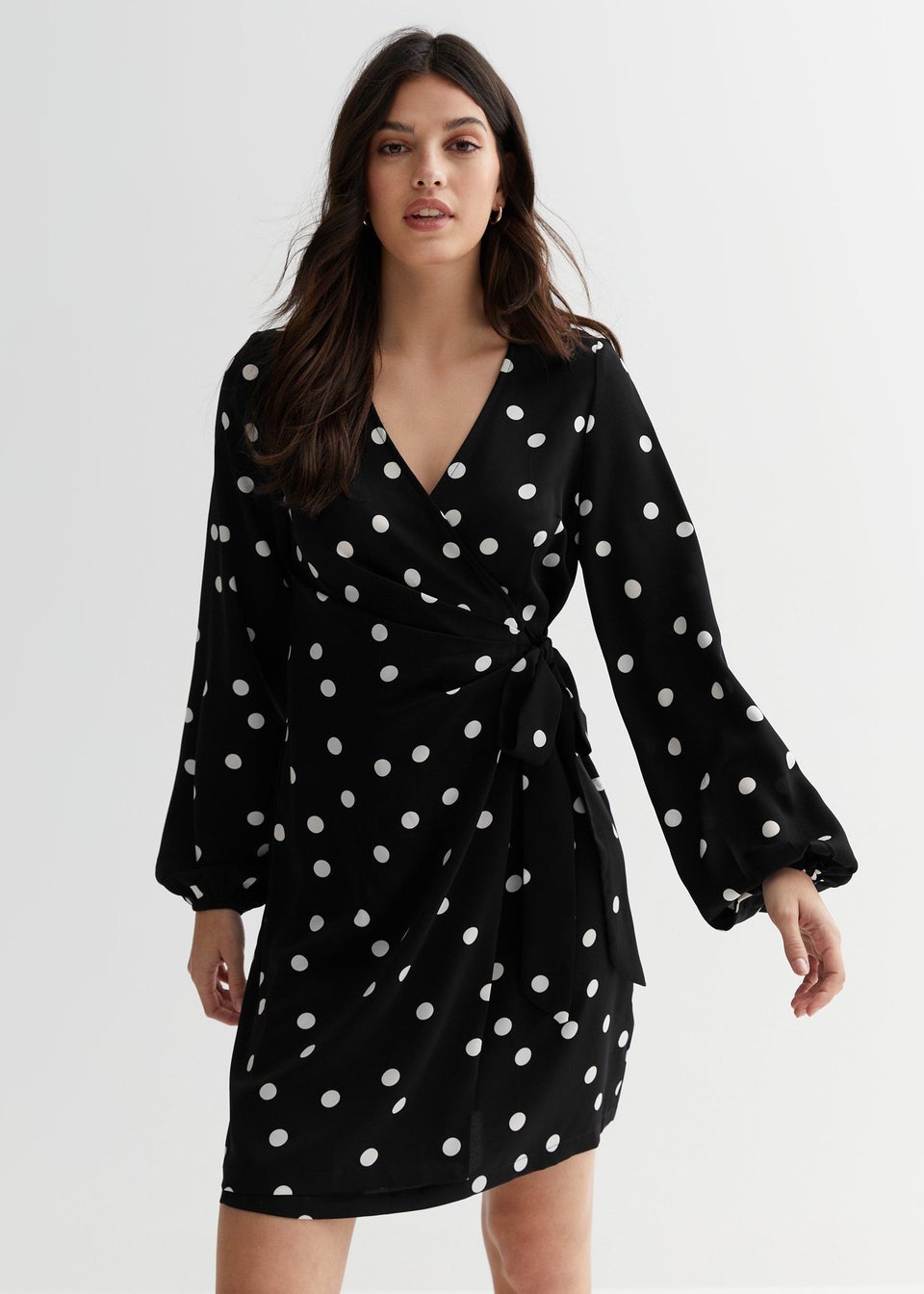 Polka dot mini wrap dress deals