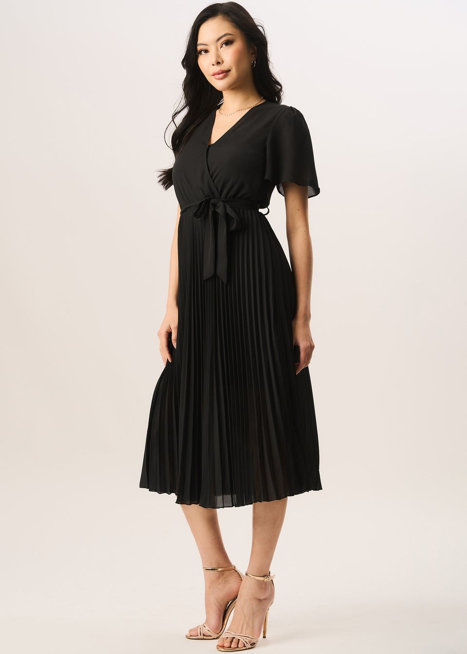 Gini London Black Angel Sleeves Pleated Midi Wrap Dress