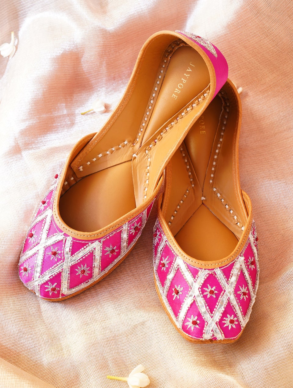women Fuchsia Pink Genuine Leather Embellished Mojris Juttis Jaypore US