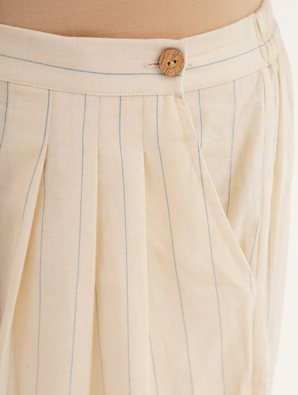 women Ivory Cotton Flared Striped Button Culottes - XS