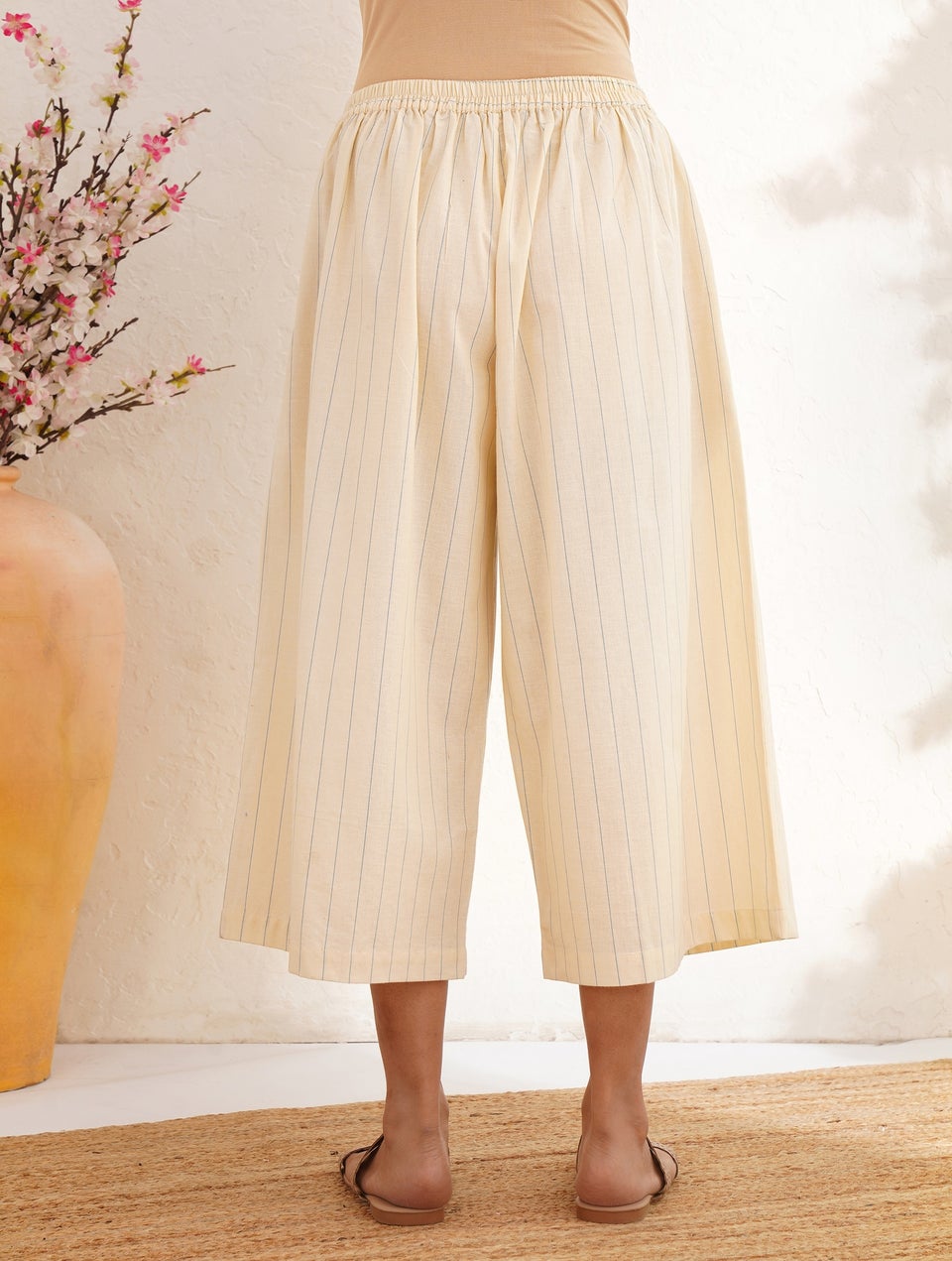 women Ivory Cotton Flared Striped Button Culottes - XS