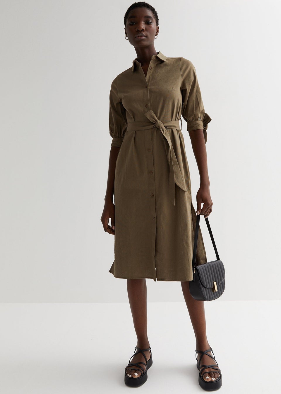 Gini London Khaki Linen Tie Sleeves Midi Shirt Dress