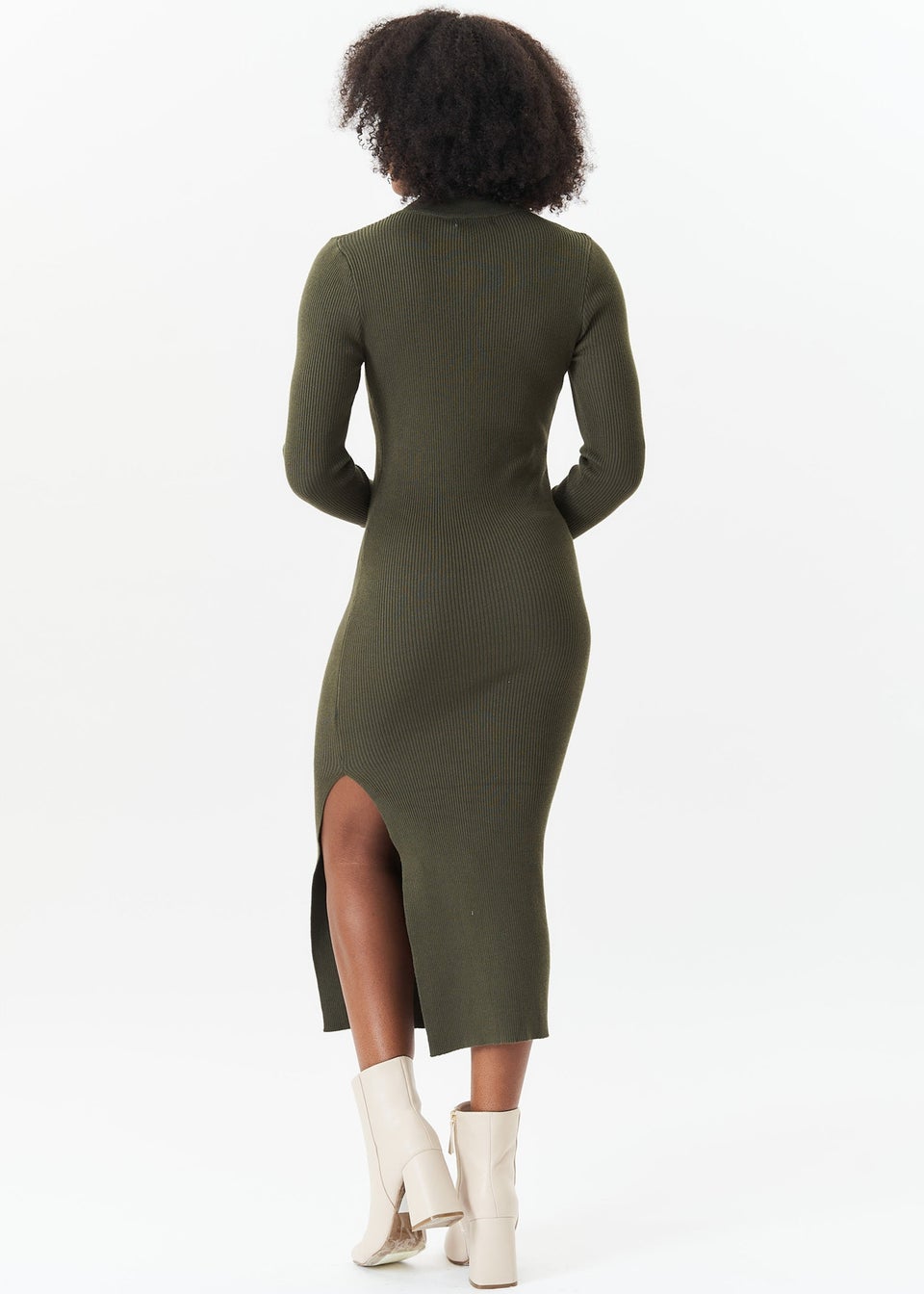Gini London Khaki Rib Knit High Neck Bodycon Midi Dress