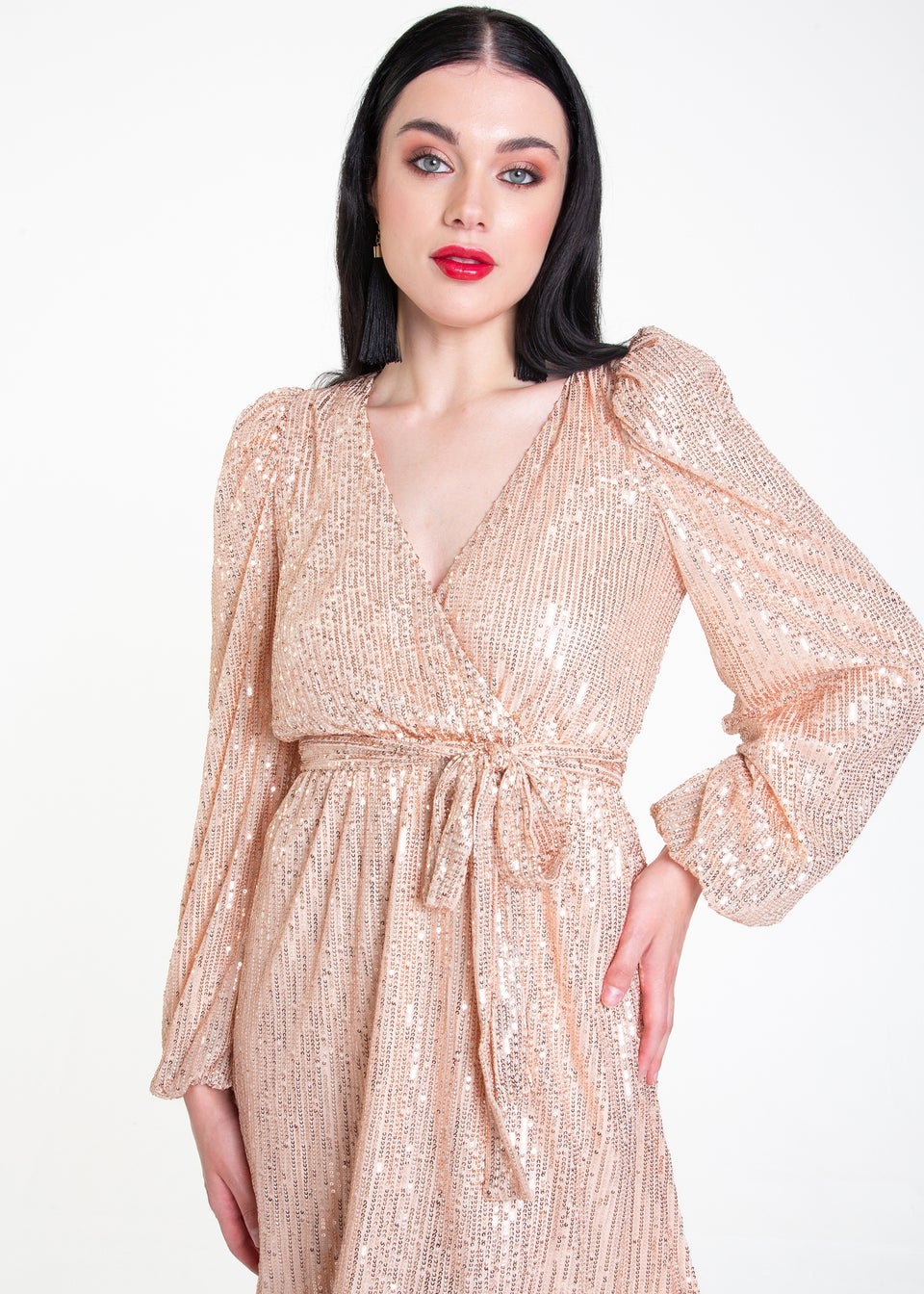 Gini London Champagne Sequin V Neck Belted Mini Dress