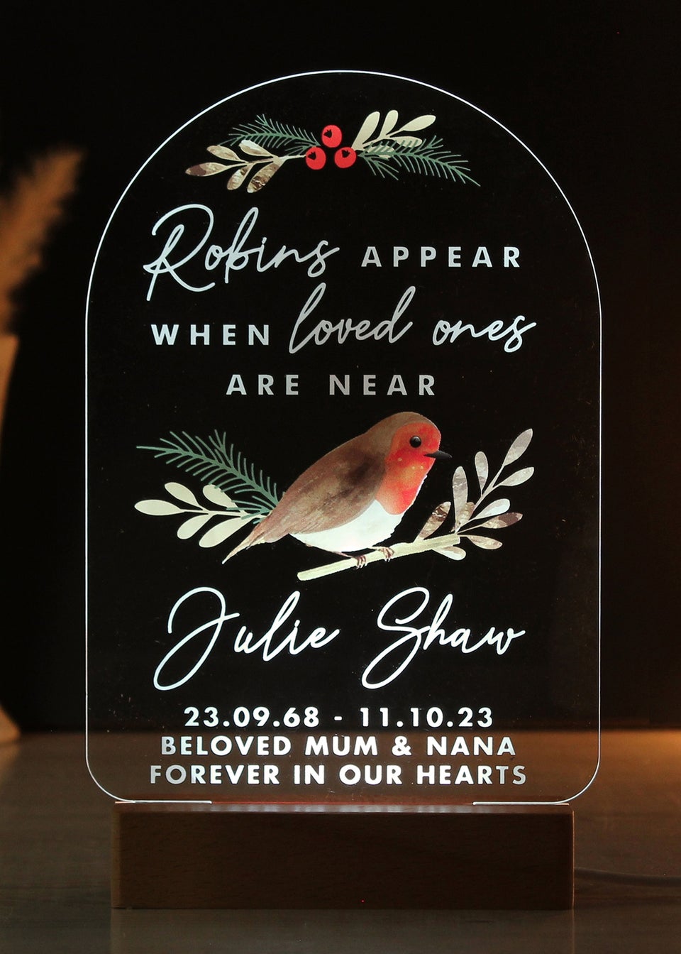 Personalised Memento Company Robins Appear Brown Wooden Based LED Light
