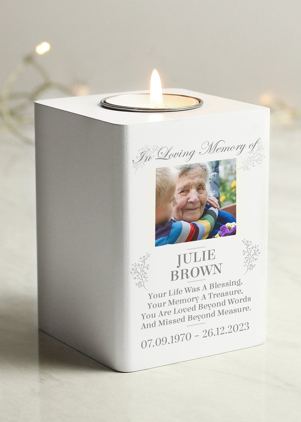 Personalised Memento Company Memorial Photo Upload Wooden Light Holder