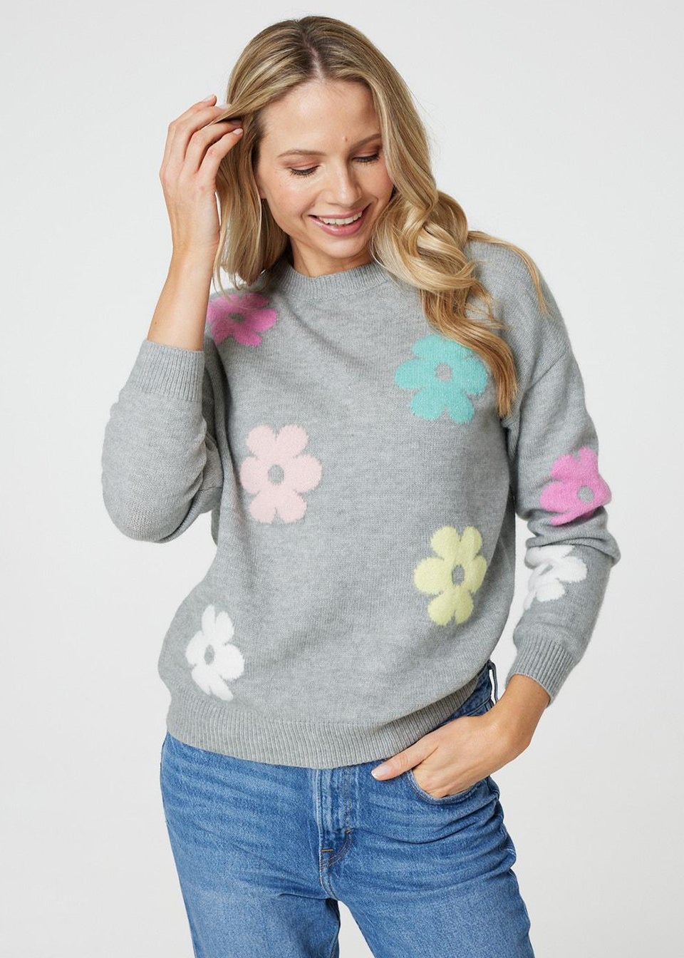 Izabel London Grey Floral Long Sleeve Knit Pullover