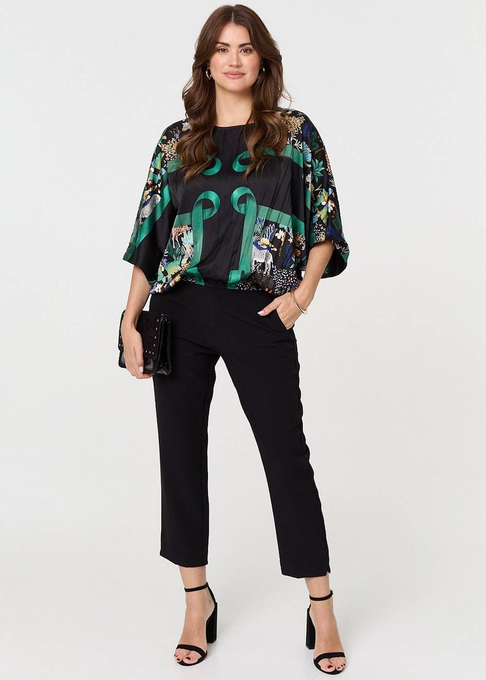 Izabel London Black Printed Satin Oversized Blouse