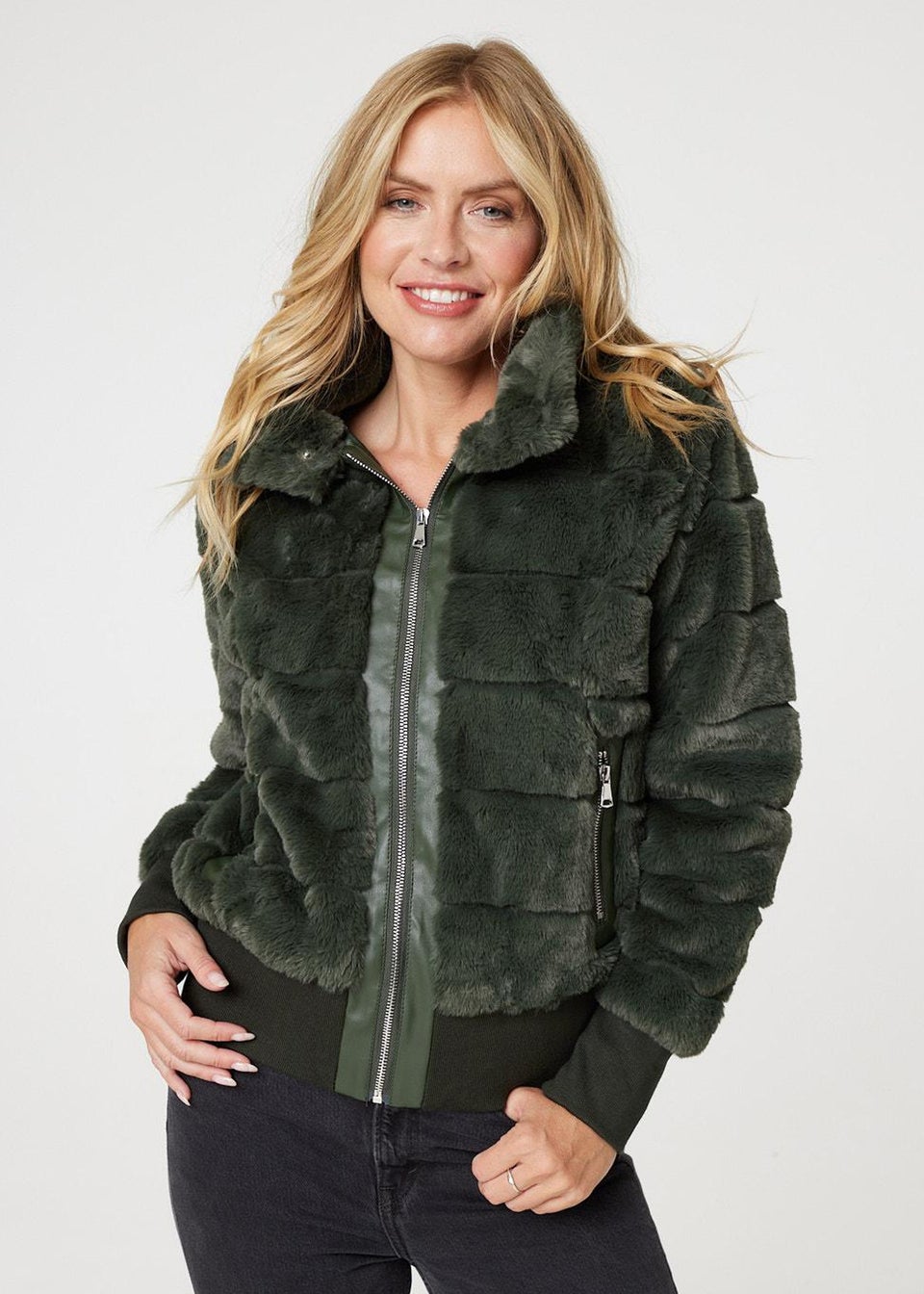 Izabel London Khaki Faux Fur Zip Front Jacket