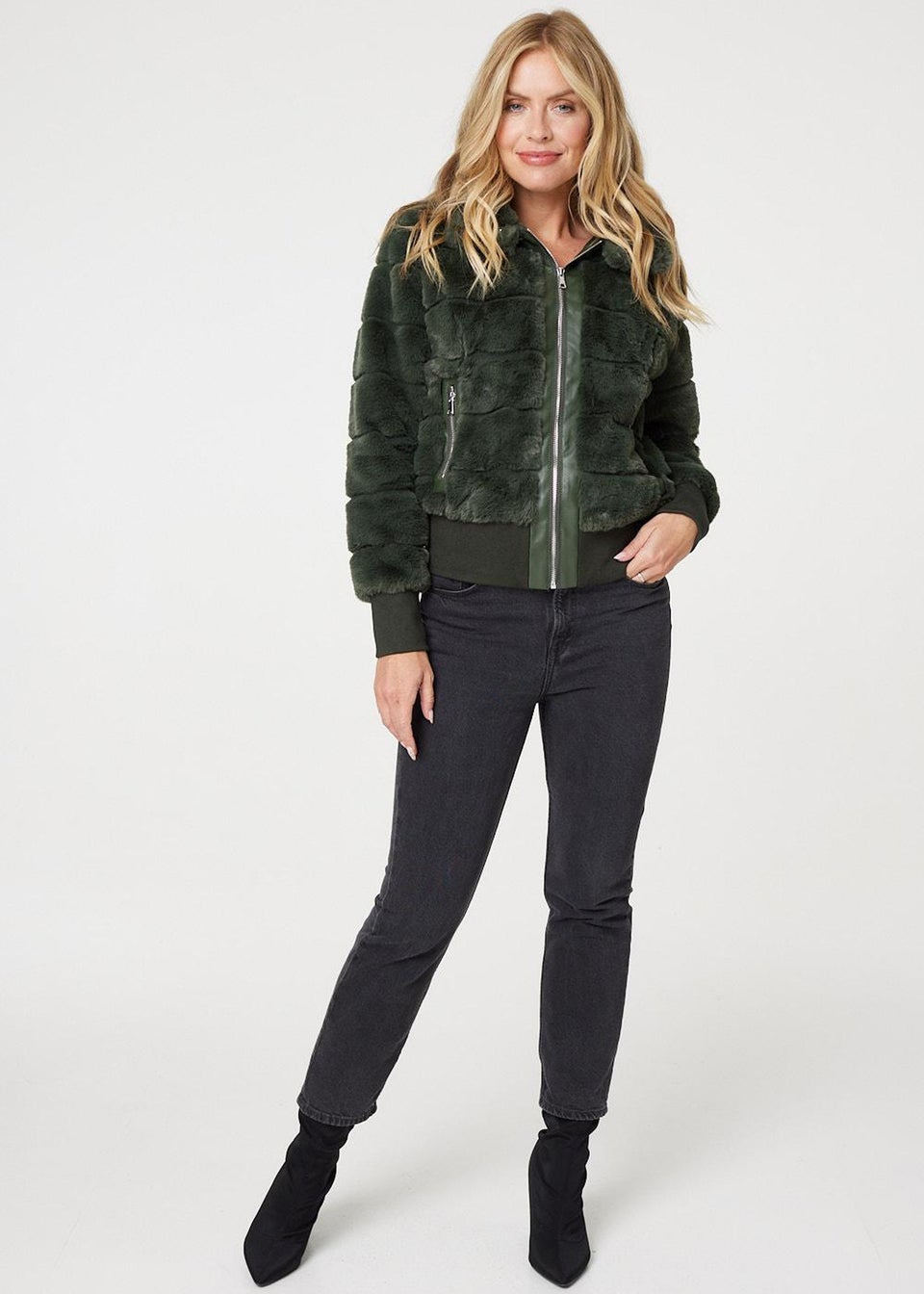 Izabel London Khaki Faux Fur Zip Front Jacket Matalan