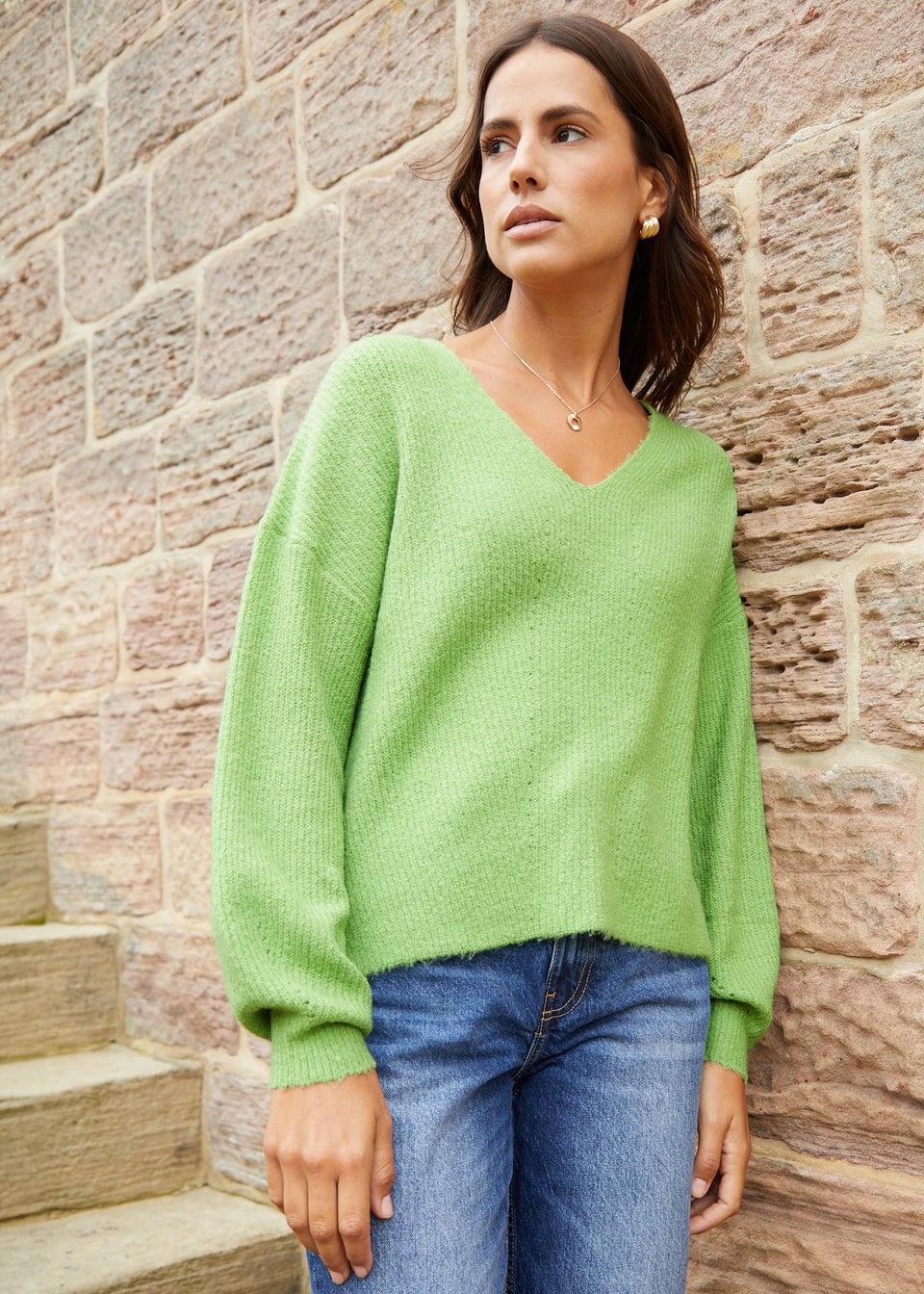 Threadbare Green Lily Ribbed V Neck Jumper