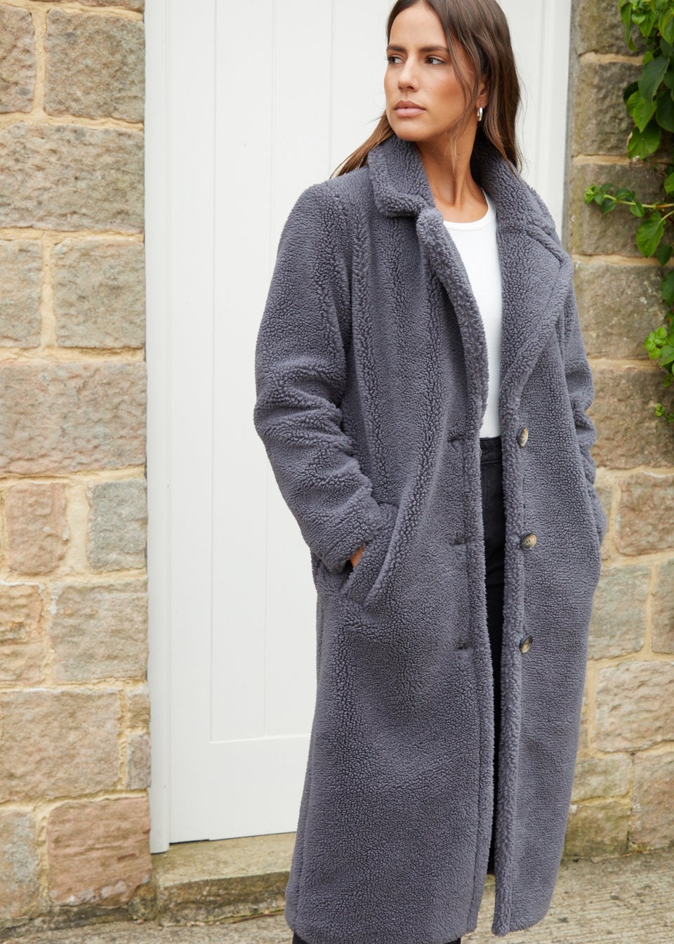 Threadbare Charcoal Bearlee Longline Borg Coat Matalan