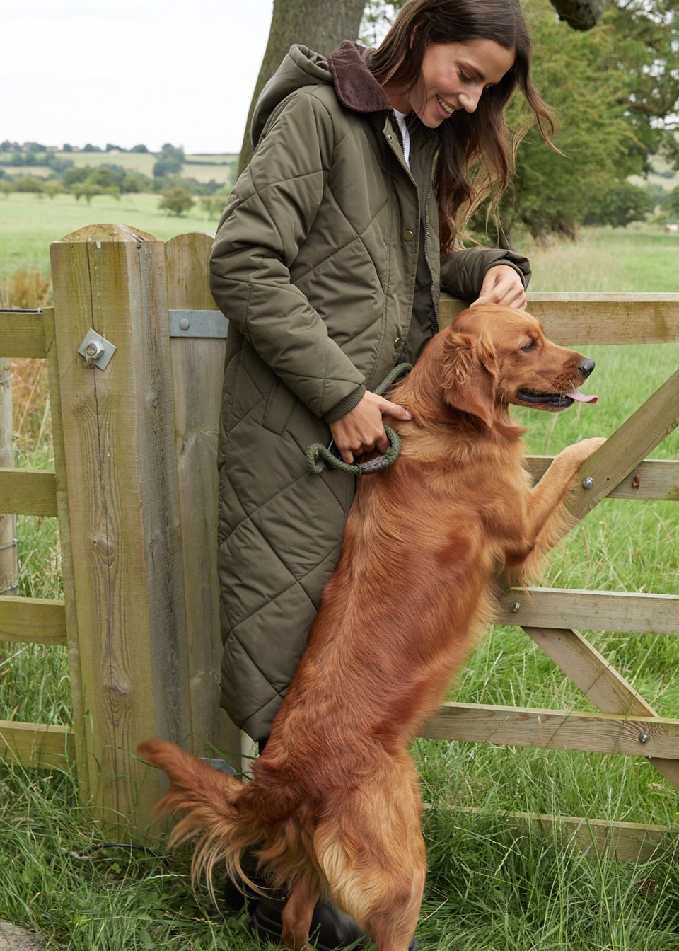 Threadbare Khaki Fir Diamond Quilted Longline Barn Jacket with Removable Hood