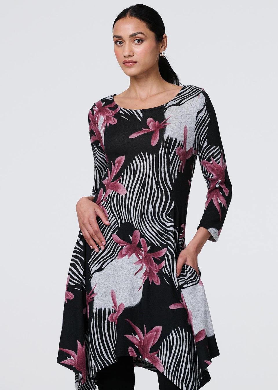 Izabel London Black Abstract Print Hanky Hem Knee Length Dress