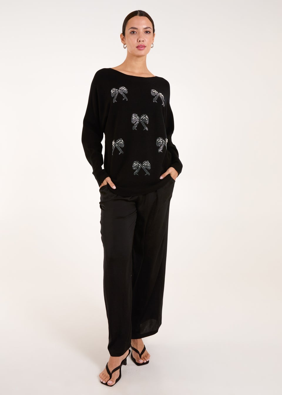 Blue Vanilla Black Embellished Bows Knitted Jumper