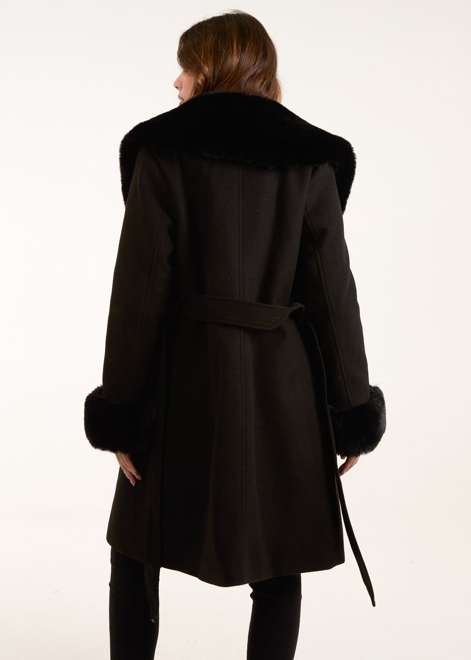 Blue Vanilla Black Faux Fur Belted Coat