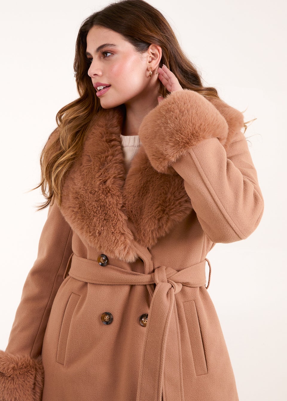 Blue Vanilla Beige Faux Fur Belted Coat Matalan