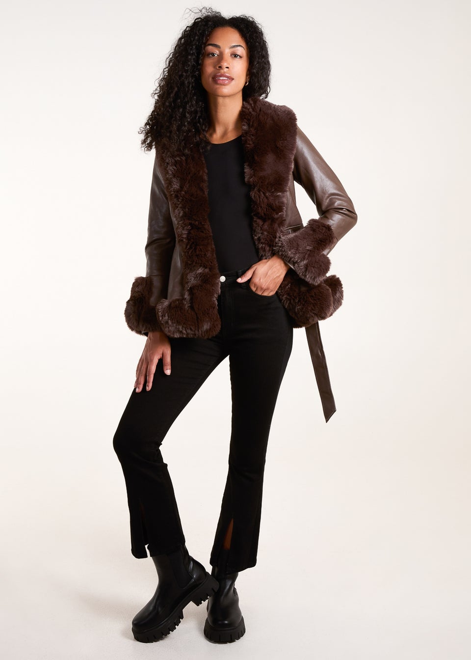Blue Vanilla Chocolate Faux Fur PU Coat With Belt Matalan