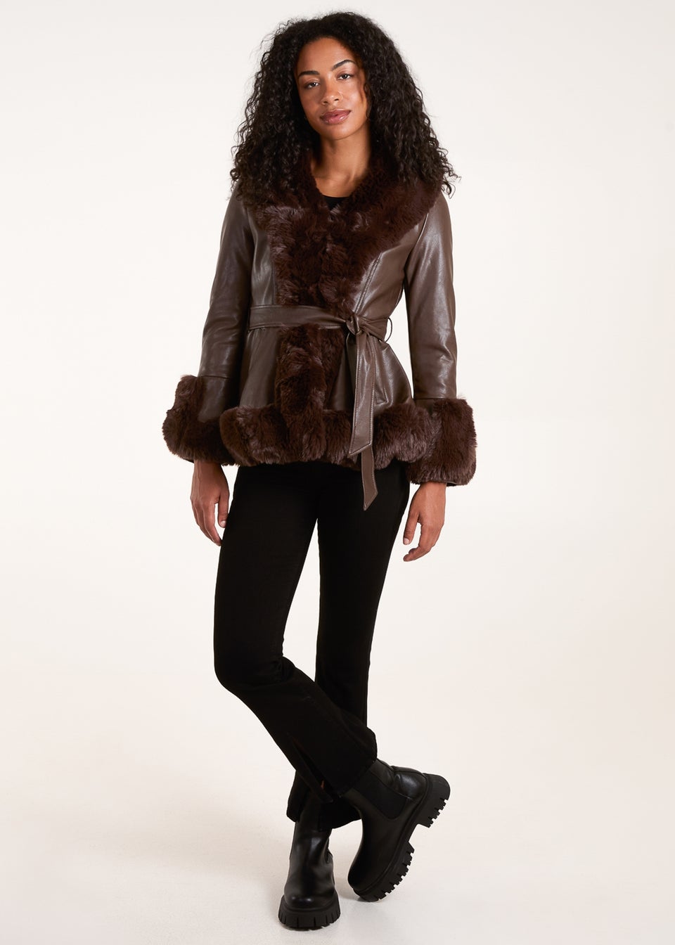 Blue Vanilla Chocolate Faux Fur PU Coat With Belt