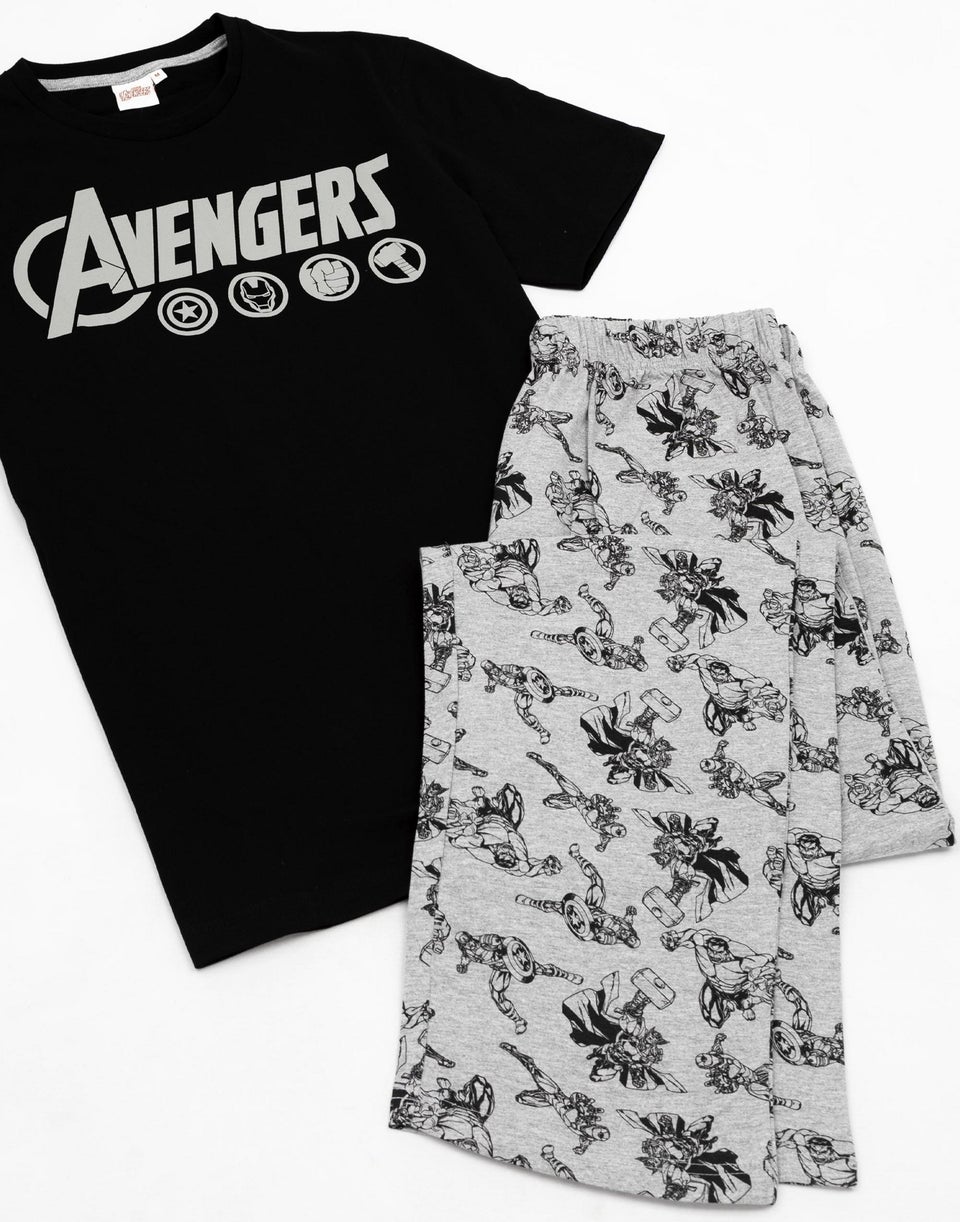 Marvel Mens Black Logo Short Sleeve Long Leg Pyjama Set
