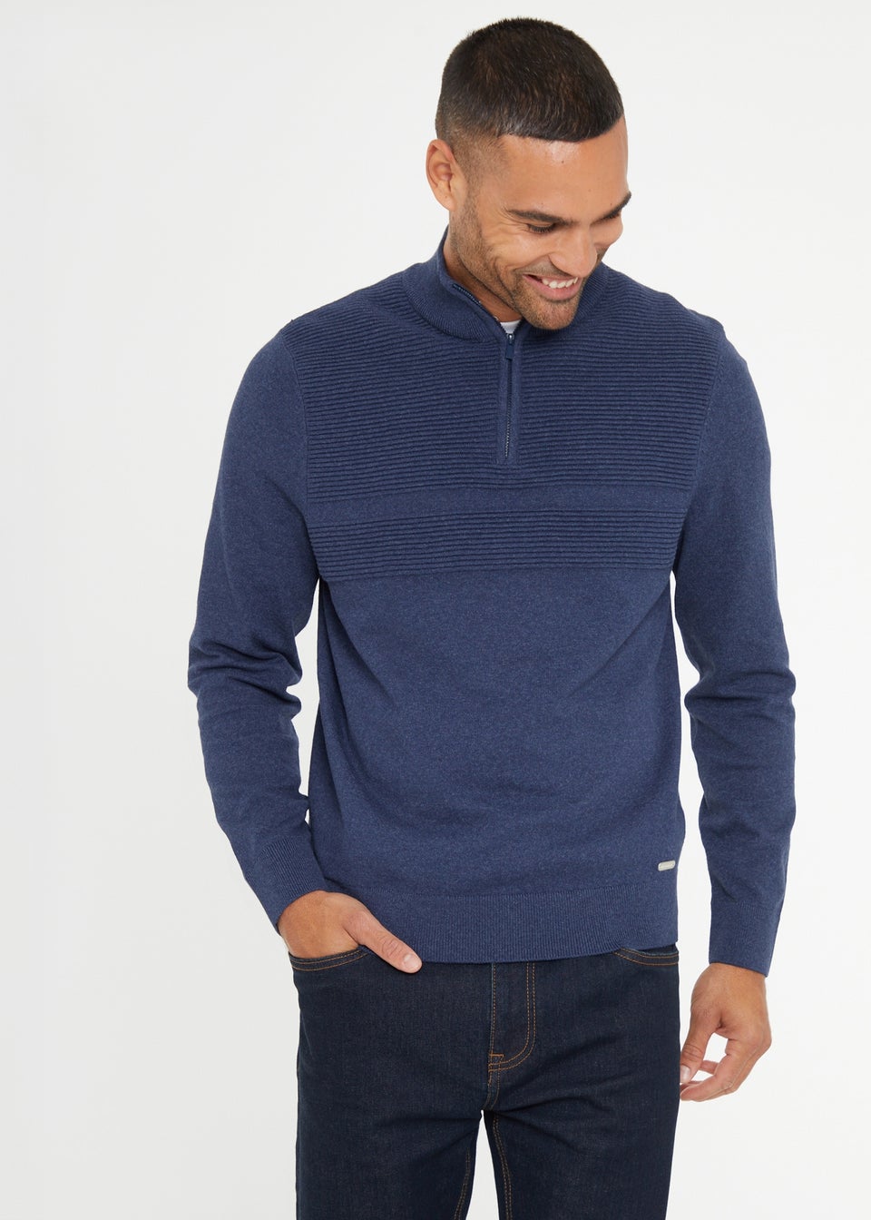 Threadbare Blue Rib Detail Crew Neck Knitted Quarter Zip Jumper Matalan