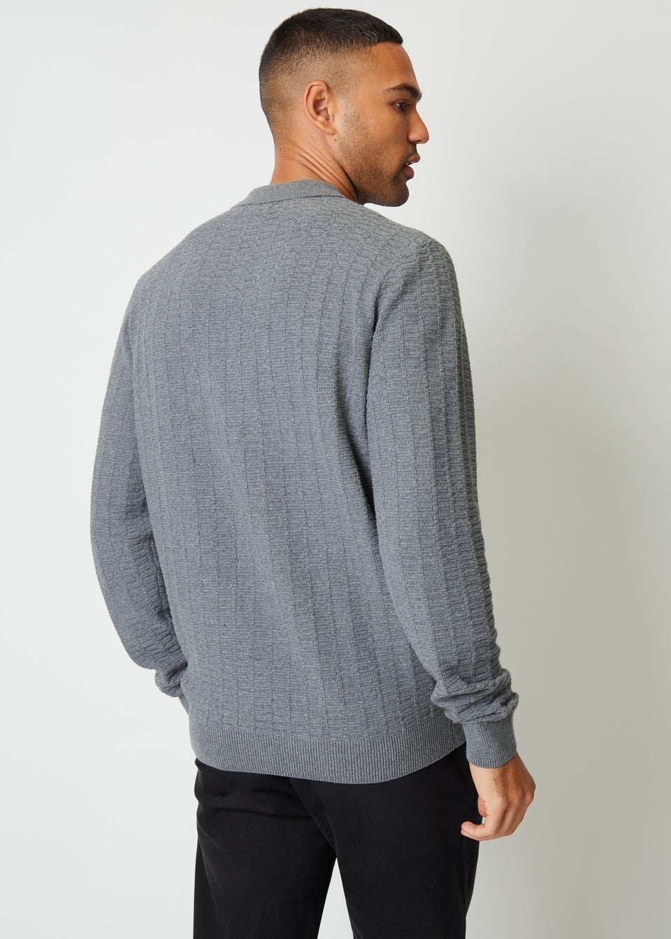 Threadbare Grey Long Sleeve Textured Knit Polo Collar Jumper