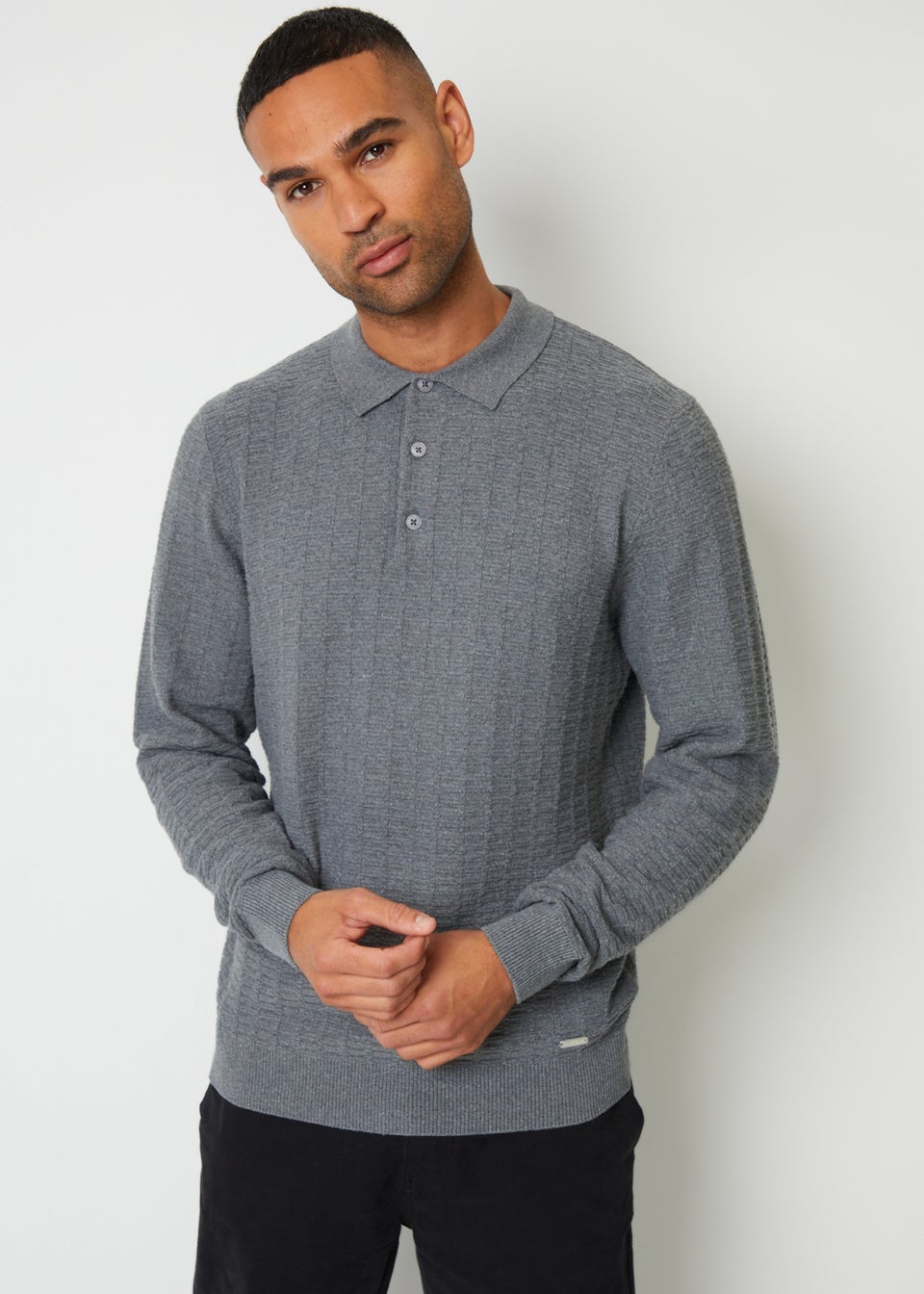 Threadbare Grey Long Sleeve Textured Knit Polo Collar Jumper Matalan