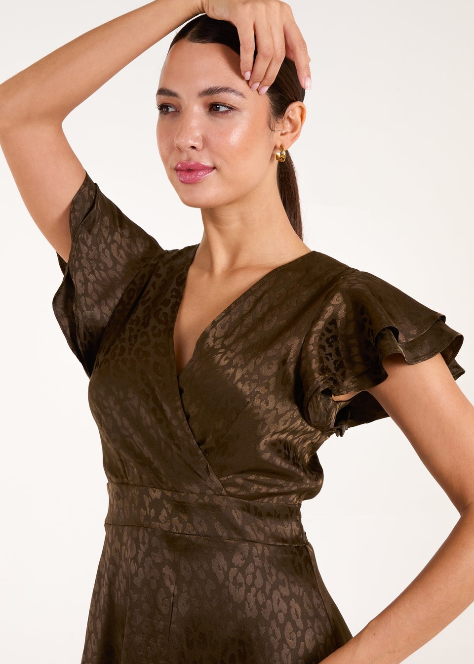 Blue Vanilla Khaki Leopard Jacquard Frill Sleeve Dress