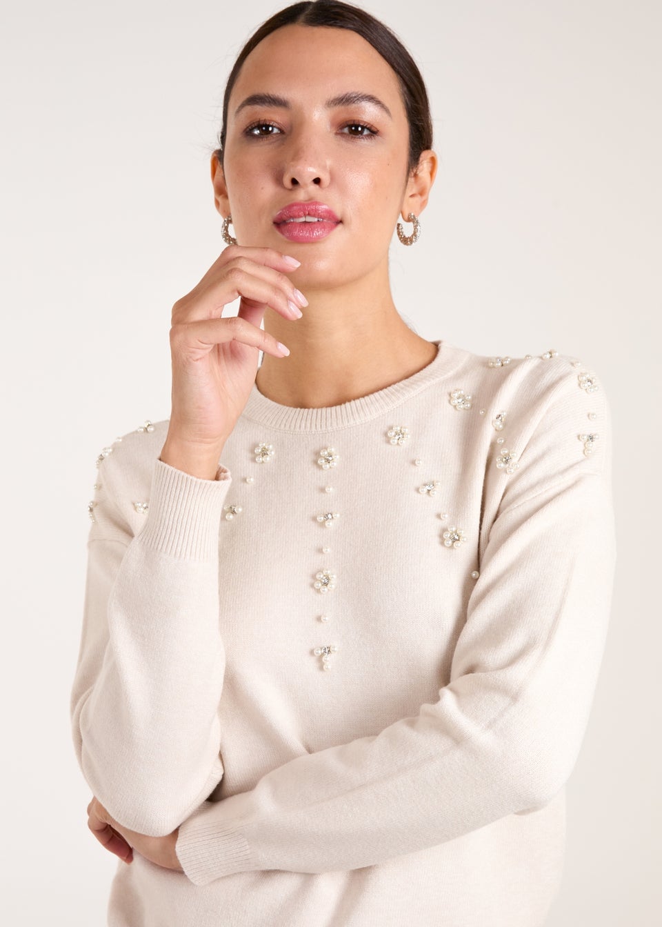 Blue Vanilla Stone Pearl Flower Embellishment Jumper