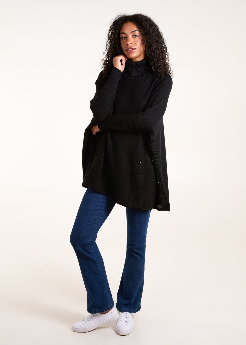 Blue Vanilla Black Roll Neck Button Mini Pocket Jumper