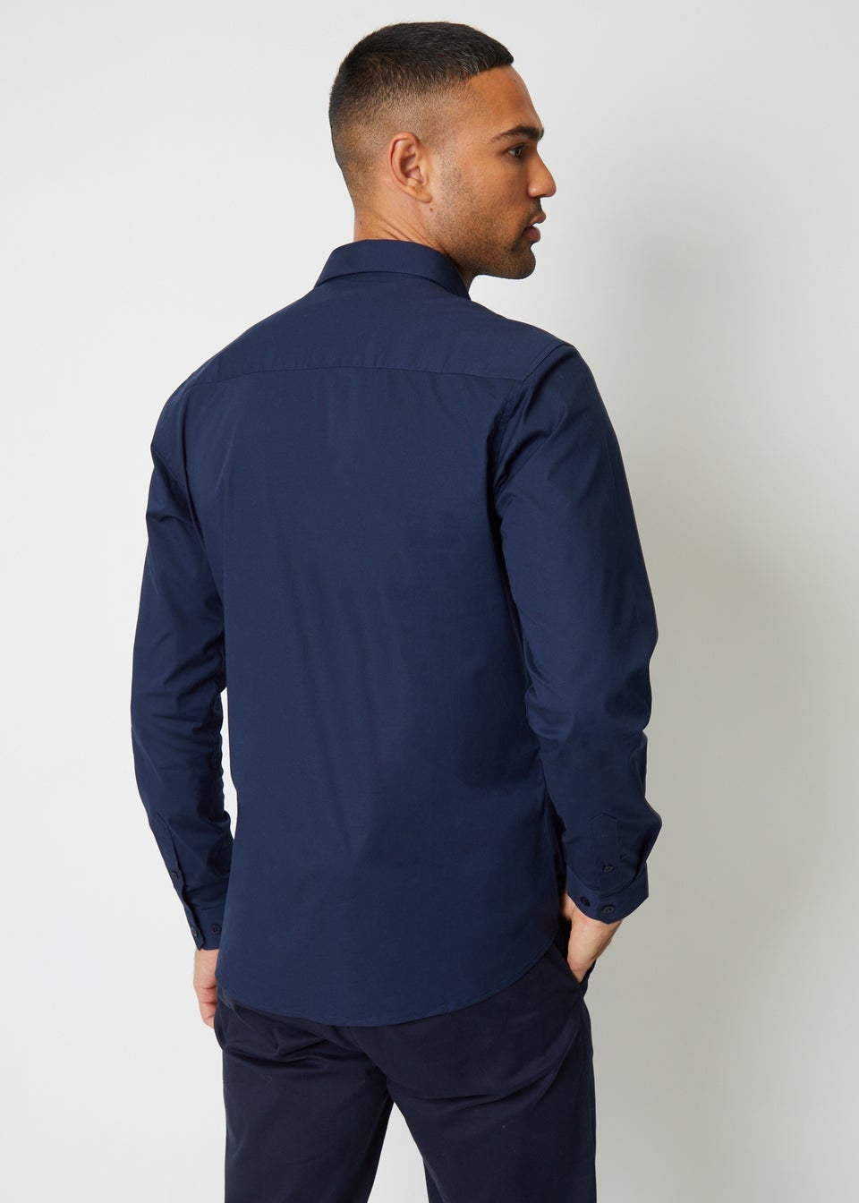 Threadbare Navy Cotton Long Sleeve Shirt With Stretch