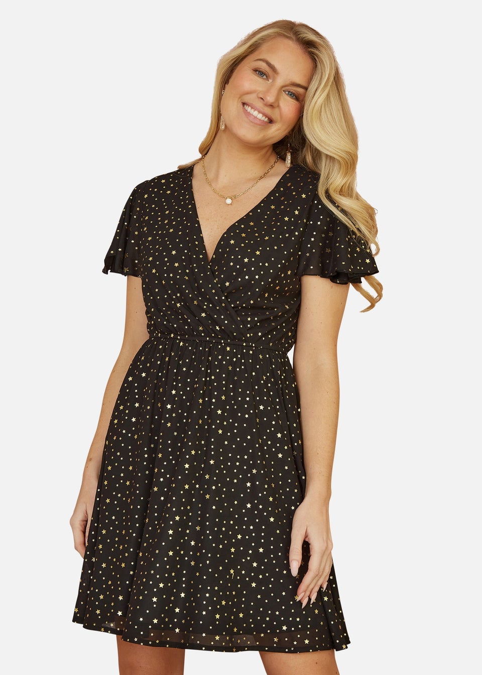 Mela Black Skater Dress With Mini Star Foil Print