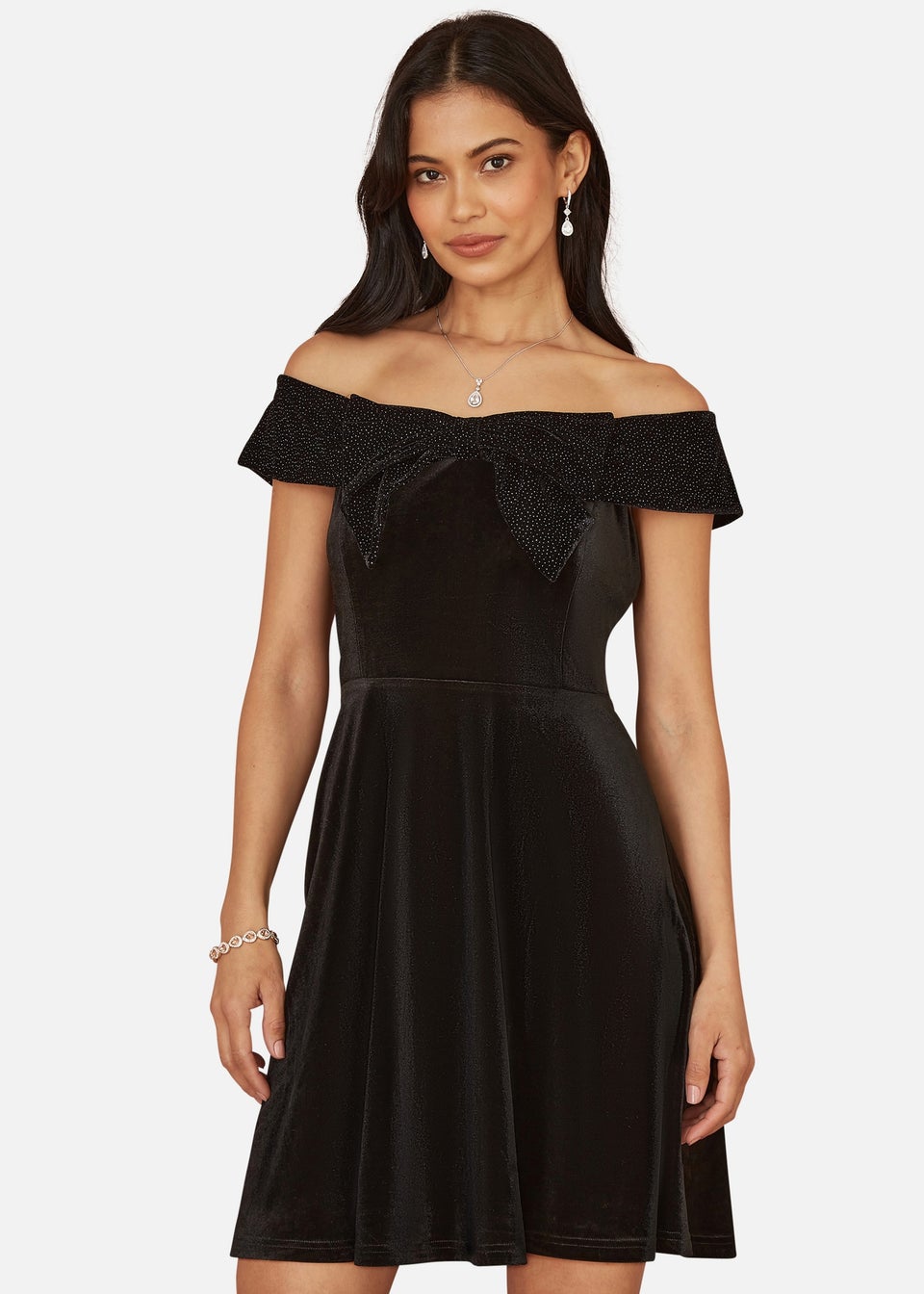 Mela Black Velvet Skater Dress With Sparkle Bow Neckline Matalan