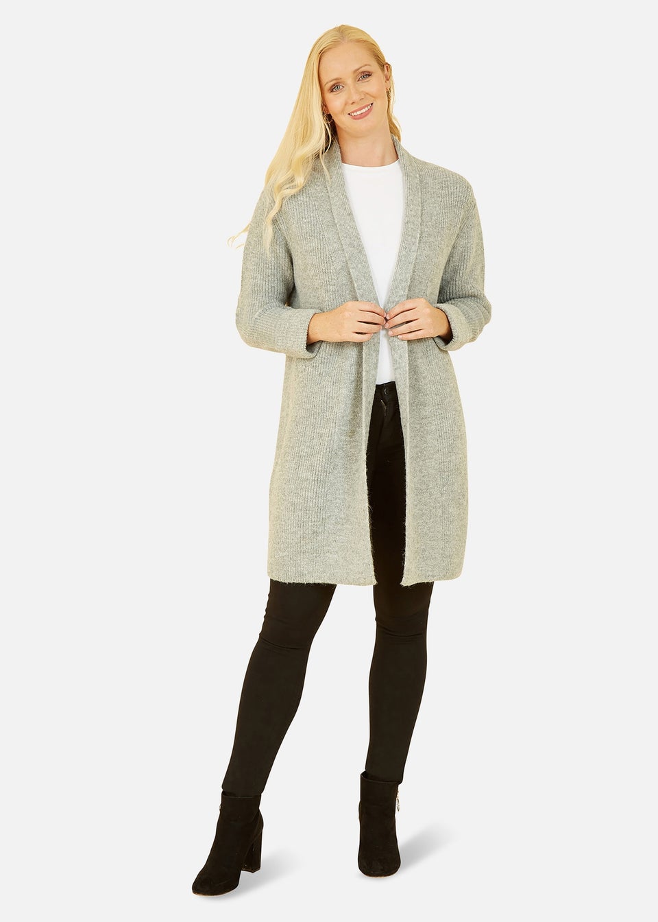 Yumi Grey Knitted Long Cardigan Matalan