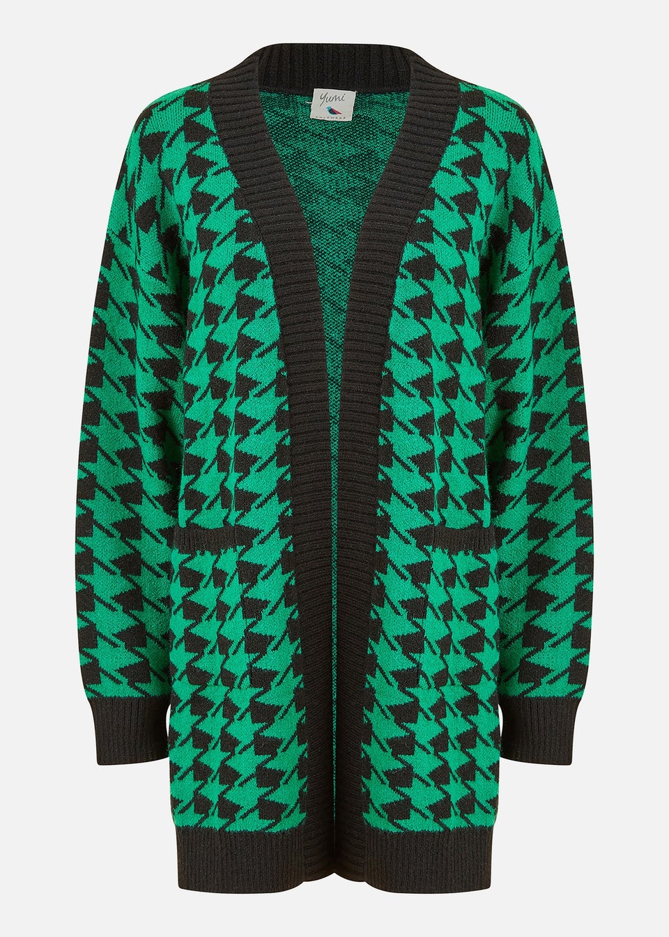 Yumi Green Dogtooth Intarsia Knit Long Cardigan