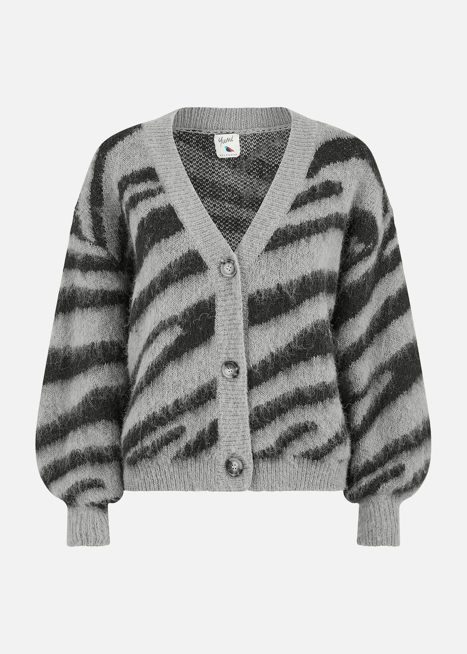 Yumi Grey Zebra Intarsia Button Up Cardigan