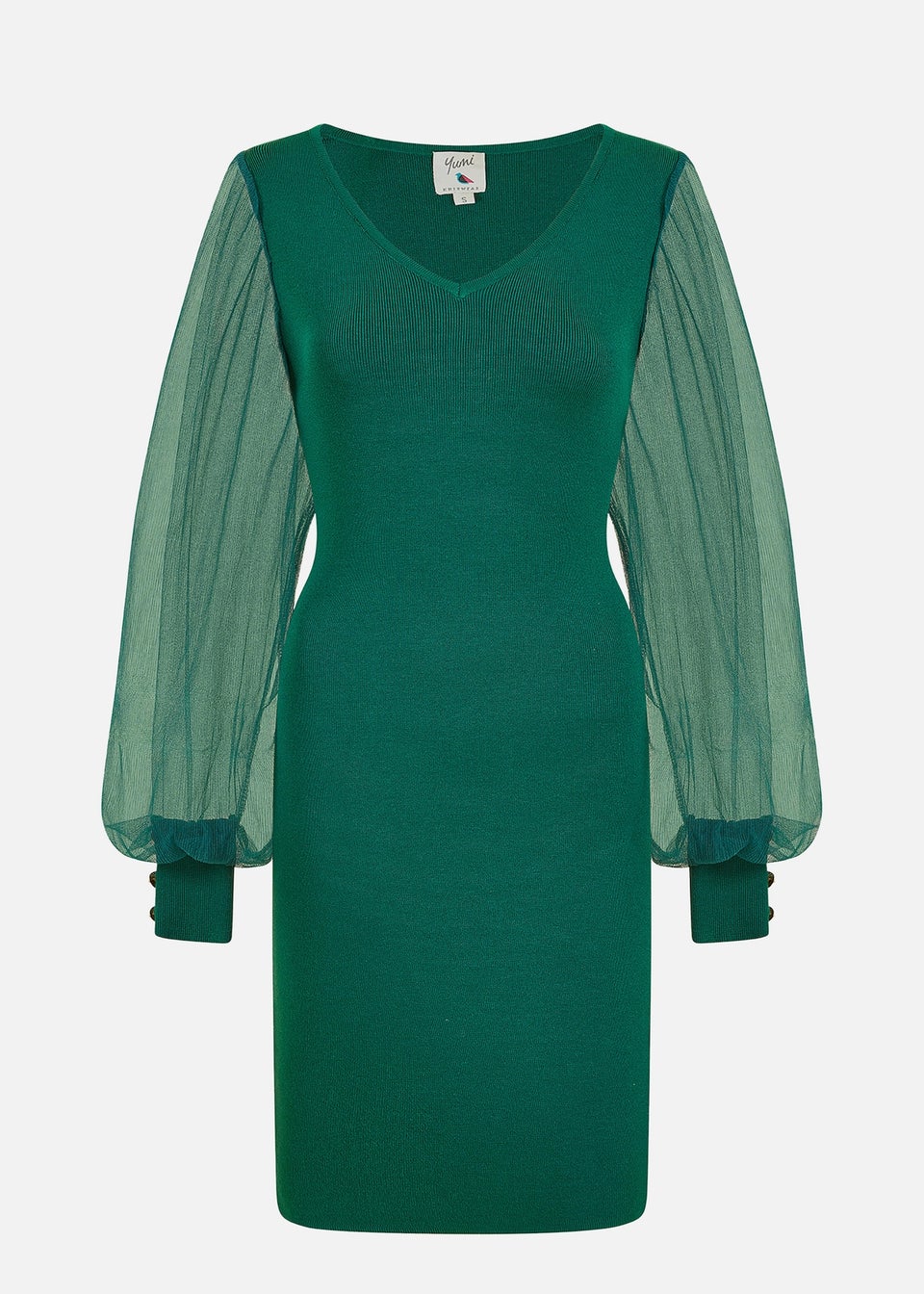 Yumi Green Knitted Body Con Dress With Chiffon Sleeve