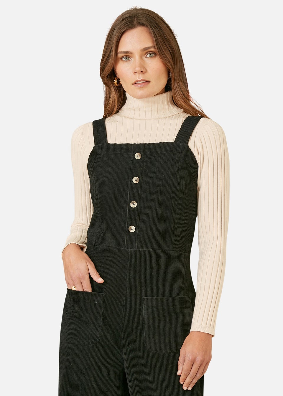 Yumi Black Cord Stretch Dungaree Style Jumpsuit