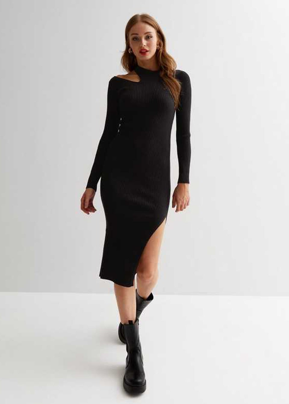 Gini London Black Cut Out Rib Knit Bodycon Midi Dress