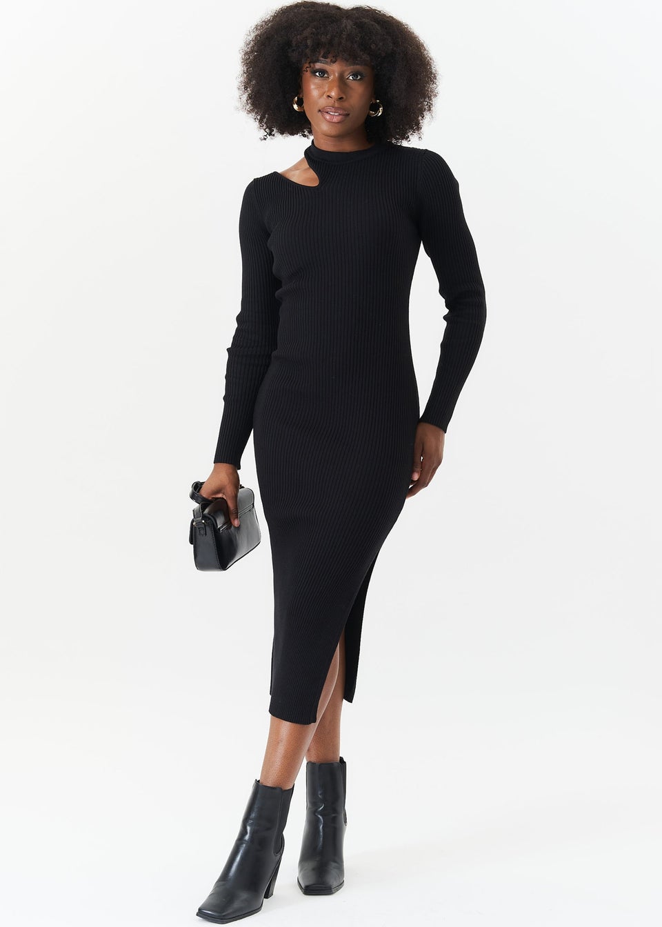 Gini London Black Cut Out Rib Knit Bodycon Midi Dress