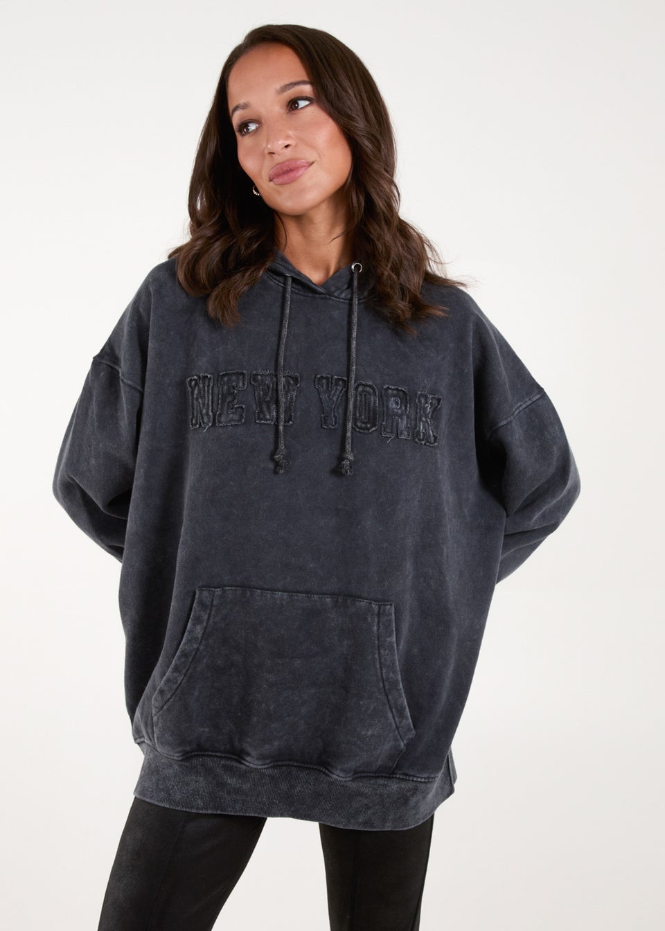 Blue Vanilla Grey New York Logo Acid Wash Hoodie Matalan