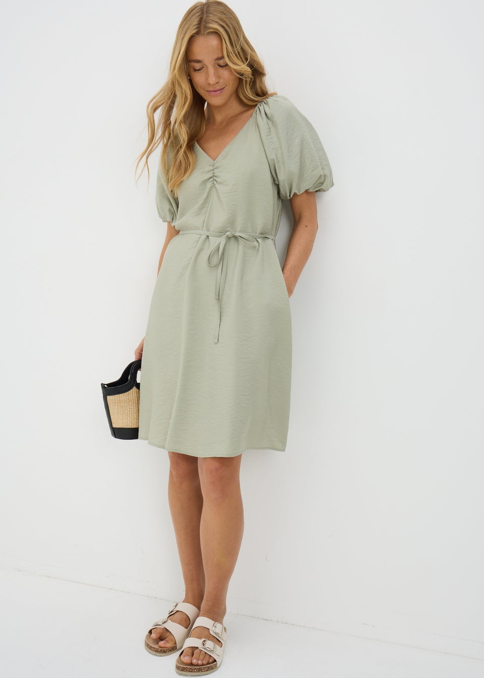 Sage Green Tie Waist Mini Dress
