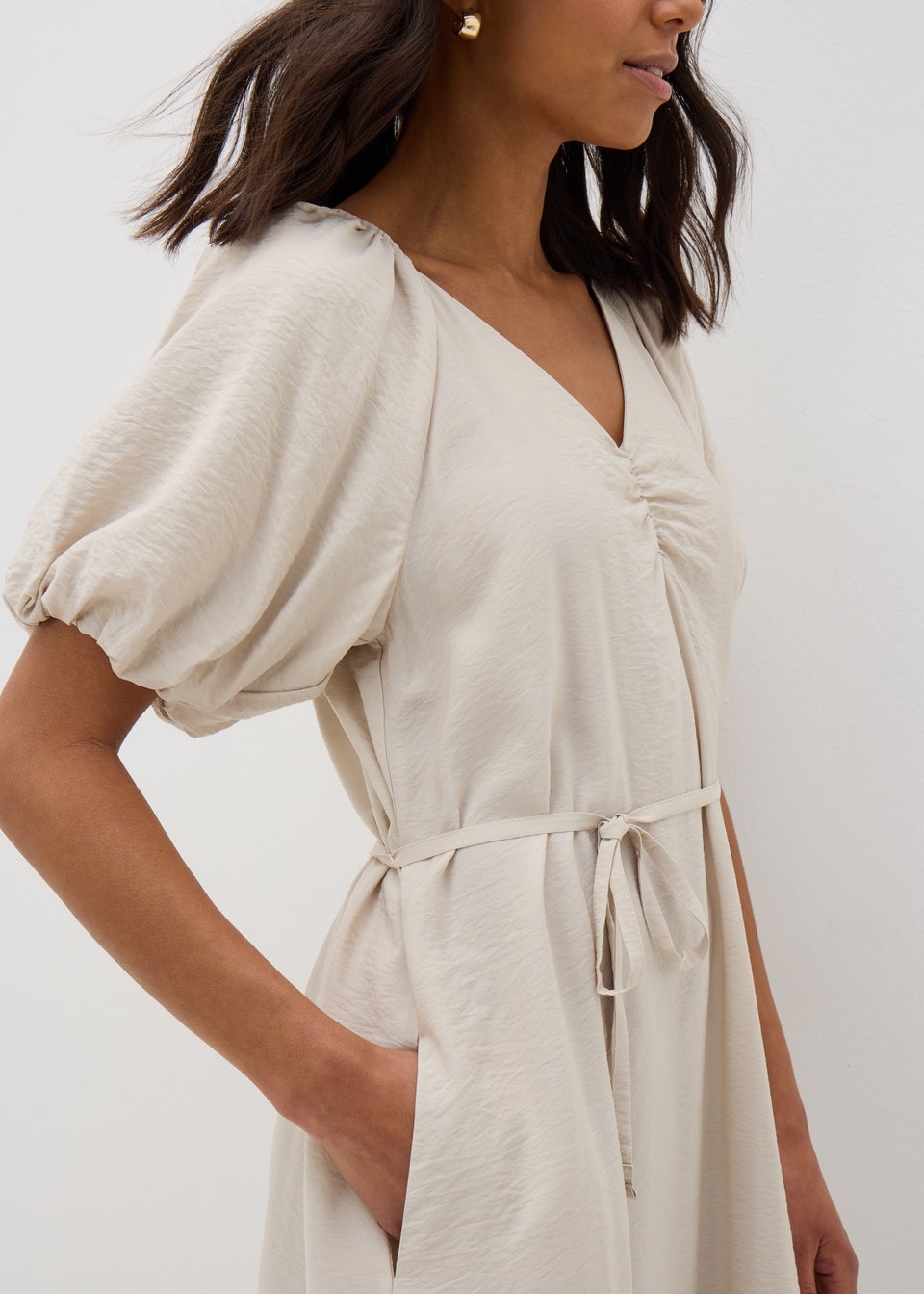 Stone Puff Sleeve Tie Waist Midi Dress
