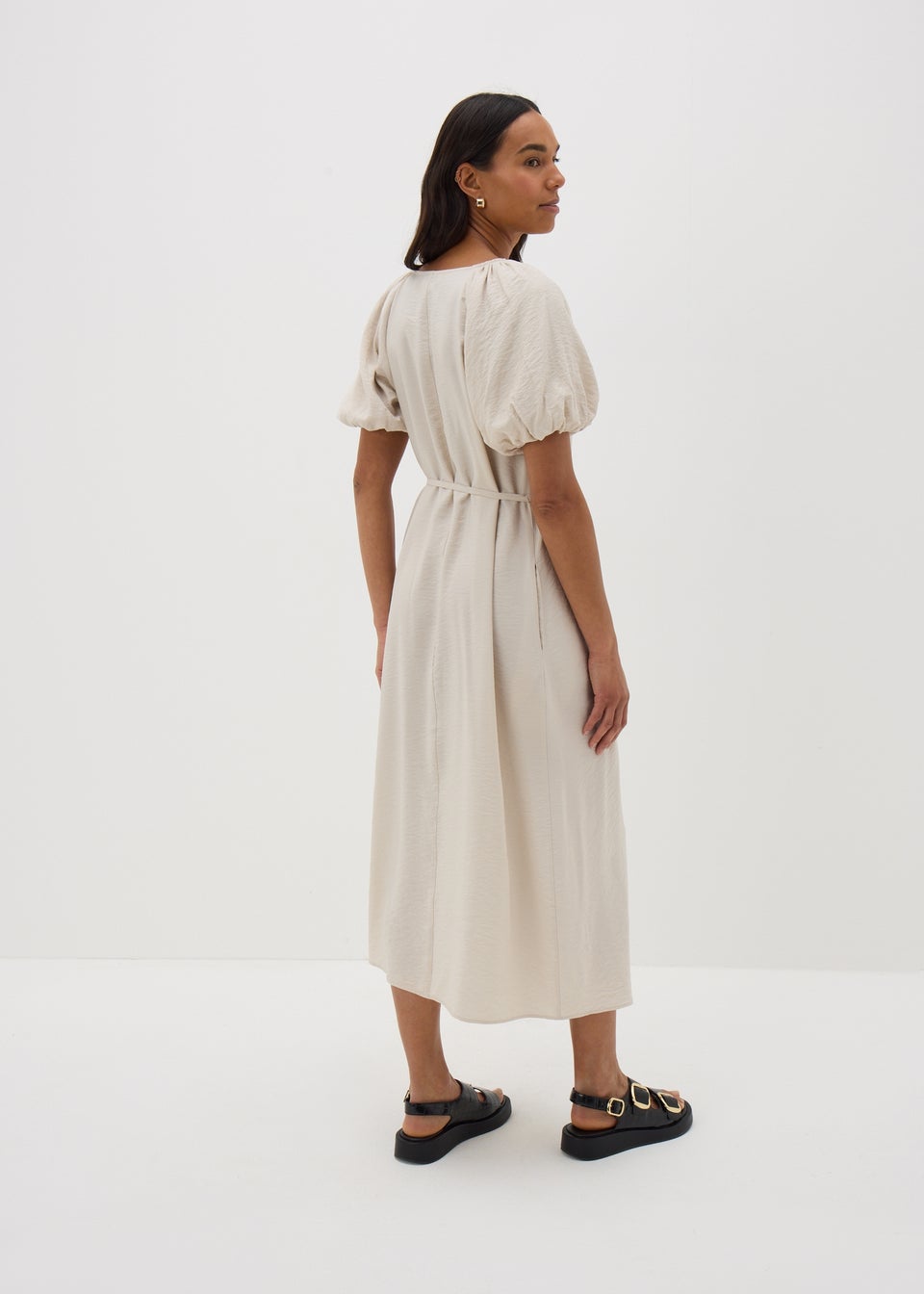 Stone Puff Sleeve Tie Waist Midi Dress