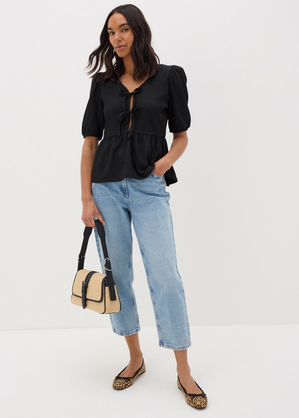 Black Textured Tie Front Top