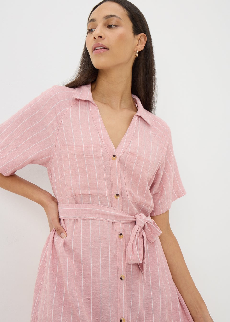 Pink Stripe Linen Blend Midi Shirt Dress