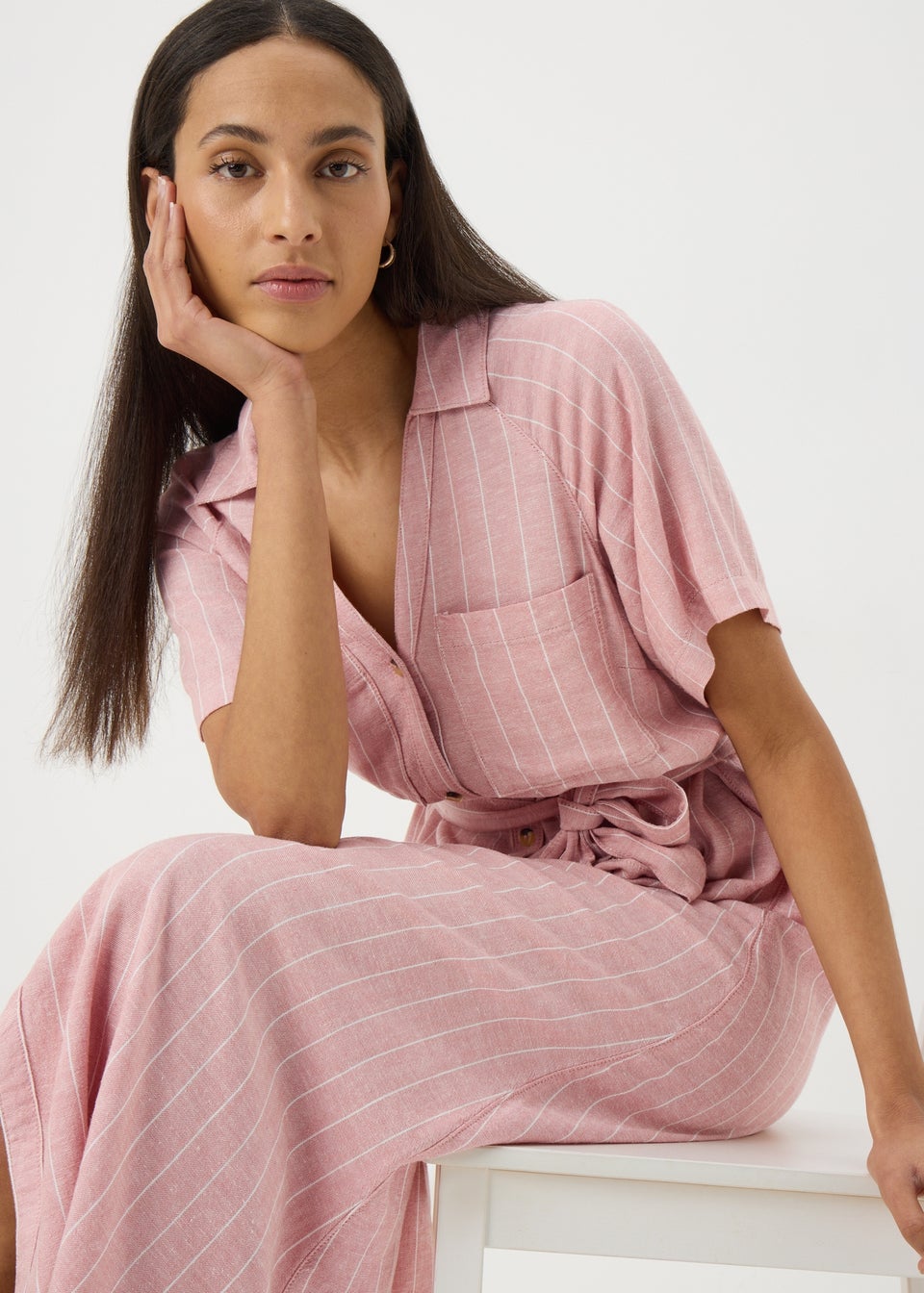Pink Stripe Linen Blend Midi Shirt Dress