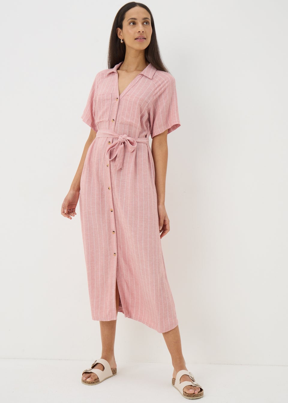 Pink Stripe Linen Blend Midi Shirt Dress